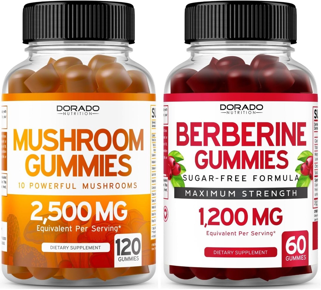 Gummies de Champignons (120 Gummies) Supplément de Champignons Focus & Cerveau et Berberine avec Ceylan Cinnamon (60 comte) Supplément Premium sans sucre pour les adultes - Tiers-partie testés, non-OGM & fabriqués aux États-Unis