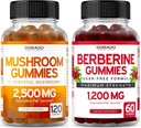 Gummies de Champignons (120 Gummies) Supplément de Champignons Focus & Cerveau et Berberine avec Ceylan Cinnamon (60 comte) Supplément Premium sans sucre pour les adultes - Tiers-partie testés, non-OGM & fabriqués aux États-Unis