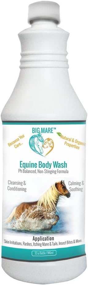 Big Mare Cheval Lavage du corps médicamenté -Clinically prouvé efficace pour le démangeaison de circonférence, les éraflures, les urnes, la rotule de pluie, la peau sèche, irritée et la perte des cheveux - Vétérinaire approuvé et recommandé bouteille 32 oz