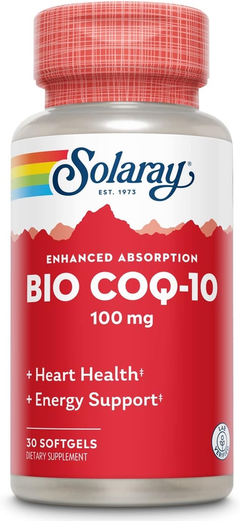 SOLARAY Bio CoQ-10 100 mg , Absorption accrue , Vitamines A et E , Heart Healthy & Cellular Energy Support (30 CT)