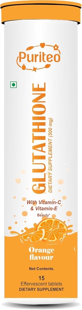 Glutathion 15 comprimés effervescents avec vitamine C & E, pour la peau claire et l'hydratation, sans sucre ajouté, saveur orange - (15 comprimés, boîte de 1)
