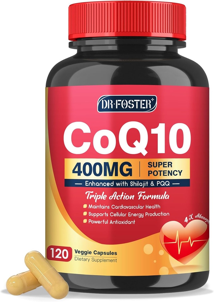DRFOSTER CoQ10 400mg-High Absorption Coenzyme Q10 Suppléments avec PQQ, Shilajit et vitamine E, puissant antioxydant pour la santé du coeur et du cerveau et la production d'énergie 120 Capsules de légumes