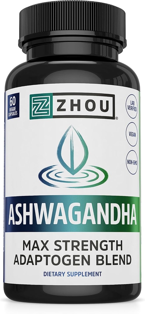 Zhou Ashwagandha - Ashwagandha et Rhodiola pour les femmes et les hommes, Adaptogen Ashwaganda extrait 1200 mg avec poivre noir, supplément de soutien adaptogène pour le calme, l'humeur, le sommeil - 60 capsules végétaliennes