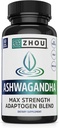 Zhou Ashwagandha - Ashwagandha et Rhodiola pour les femmes et les hommes, Adaptogen Ashwaganda extrait 1200 mg avec poivre noir, supplément de soutien adaptogène pour le calme, l'humeur, le sommeil - 60 capsules végétaliennes