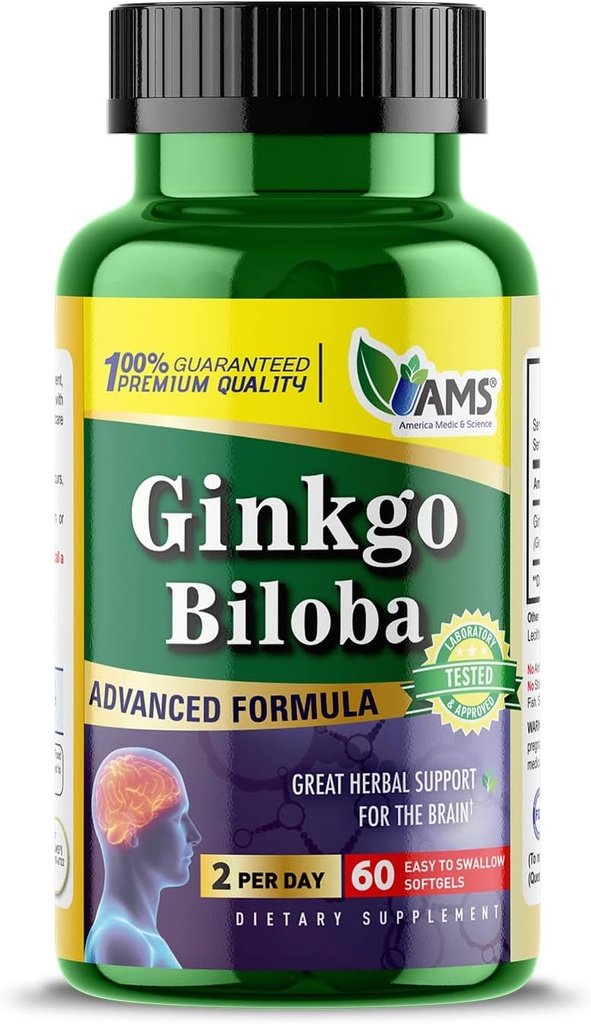 America Medic & Science Ginkgo Biloba 60mg (60 Softgels) | Brain Booster Supplement for Men and Women | Mind Enhancer with Herbal Leaf Extract