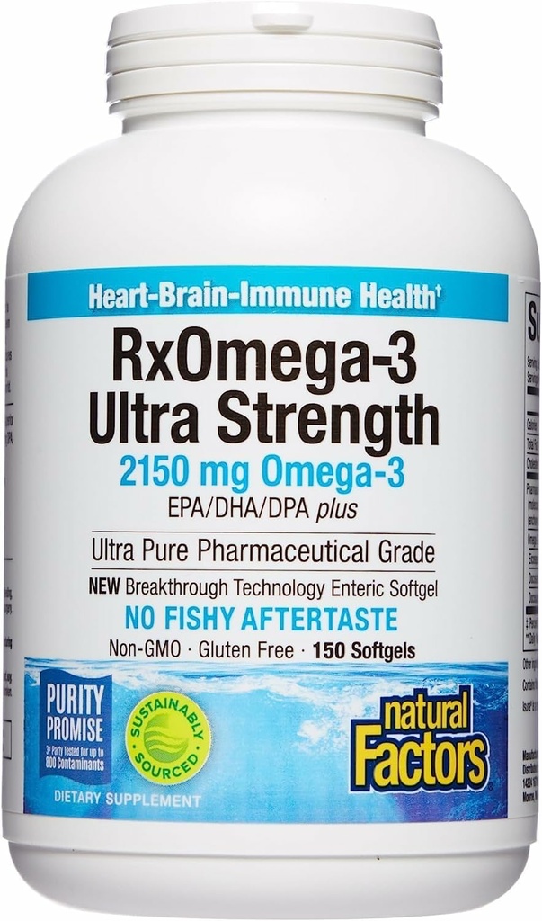 Facteurs naturels RxOmega-3 Ultra Strength - Supplément diététique pour le soutien de la santé du cerveau et du coeur - Supplément santé oculaire avec EPA et DHA - Supplément avec acides gras oméga-3 - 150 Softgels (75 portions)