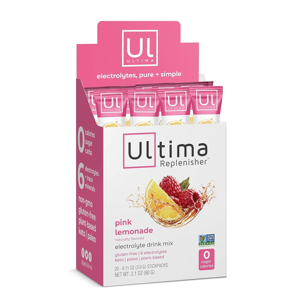 Ultima Replenisher Electrolyte Hydration Drink Mix, Pink Lemonade, 20 Serving Stickpack Box - Sugar Free, 0 Calories, 0 Carbs - Gluten-Free, Keto, Non-GMO, Vegan