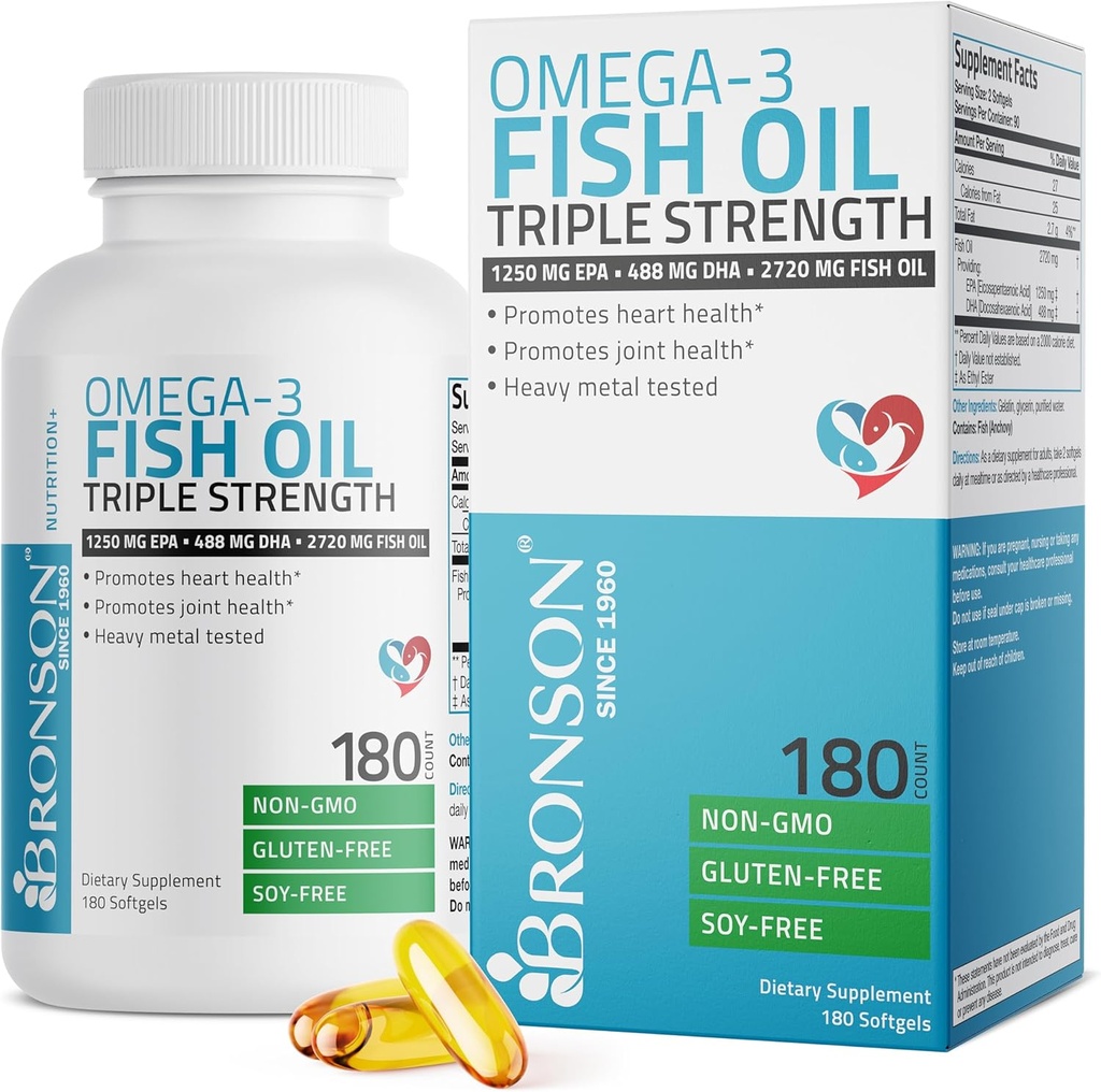 Bronson Omega 3 Huile de poisson triple résistance 2720 mg, haute EPA 1250 mg DHA 488 mg, non-OGM métal lourd testé, 180 softgels