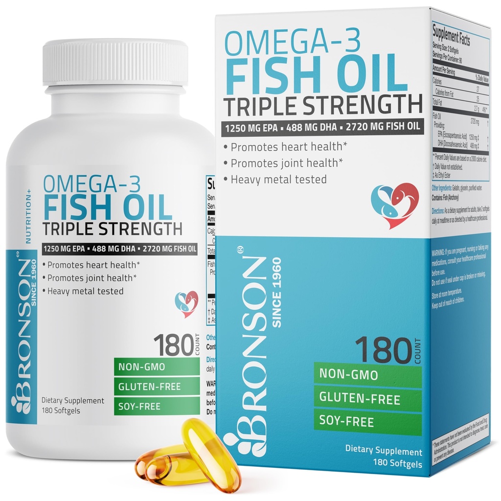 Bronson Omega 3 Huile de poisson triple résistance 2720 mg, haute EPA 1250 mg DHA 488 mg, non-OGM métal lourd testé, 180 softgels