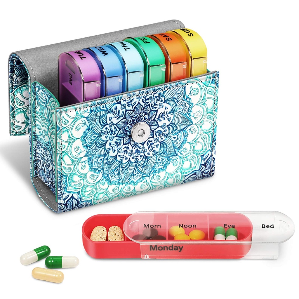 FINPAC Weekly Pill Organizers 4 fois par jour, diapositive ouverte PU cas de cuir Pill médecine de la vitamine rappel et planificateur avec carte de nom pour le matin