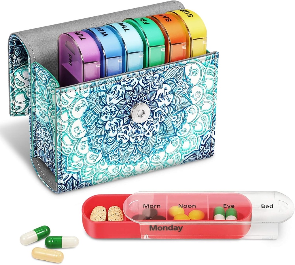 FINPAC Weekly Pill Organizers 4 fois par jour, diapositive ouverte PU cas de cuir Pill médecine de la vitamine rappel et planificateur avec carte de nom pour le matin