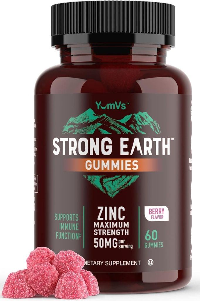 Terre forte - 50mg Gommies de zinc pour les enfants et les adultes (compte de 60) - Soutien immunitaire et supplément antioxydant - Delicious Natural Flavor Zinc Supplément Gommy - Gluten, non OGM, végétalien - Zinc à croquer