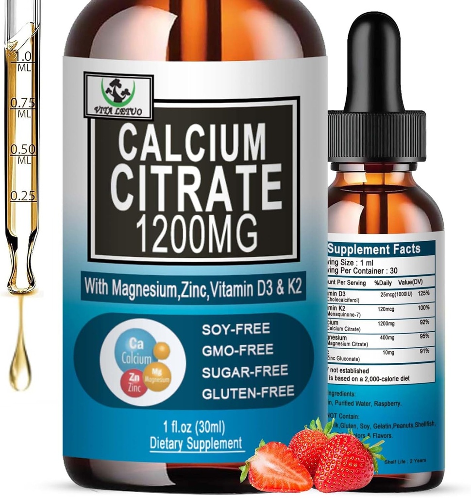 Calcium Citrate Supplement,1200mg Calcium with Vitamin D3 Drops for Bone,Teeth,Colon,Cardiovascular Health,High Absorption Liquid Calcium Magnesium Citrate 400mg Plus Zinc Vitamin K2,Vegan,30 Servings