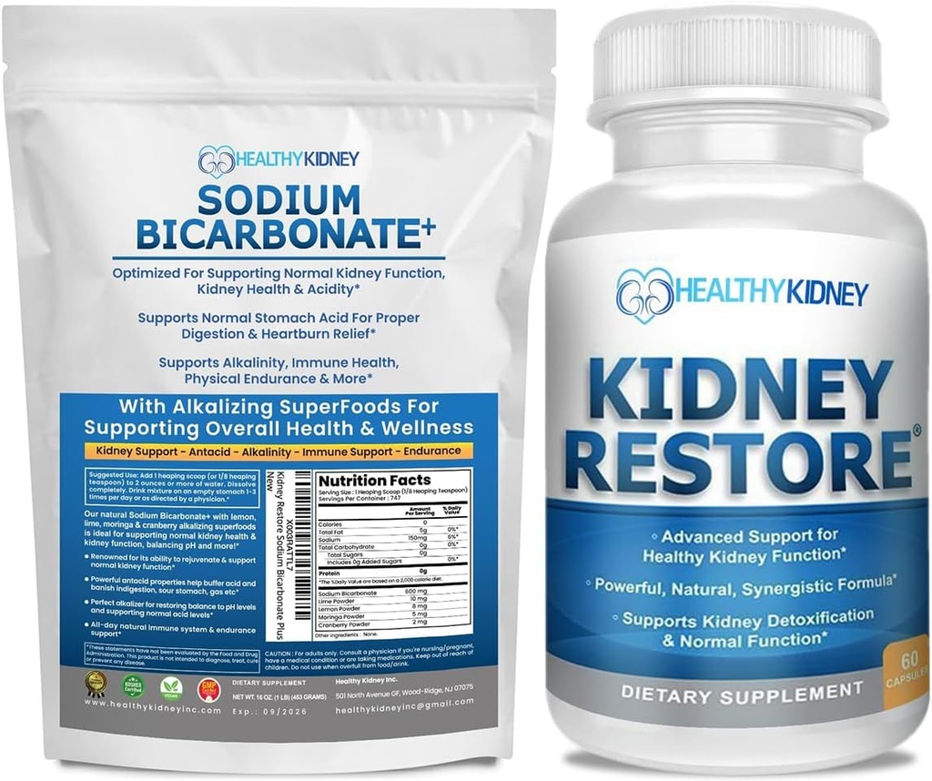 Restaurer le rein Biobicarbonate de sodium Alcaline Supplément 1LB Cleanse 60 Caps Bundle – soutient la santé du rein, neutralise l'acide stomach, les superaliments alcalins, le soutien immunitaire, l'antiacide et les vitamines f