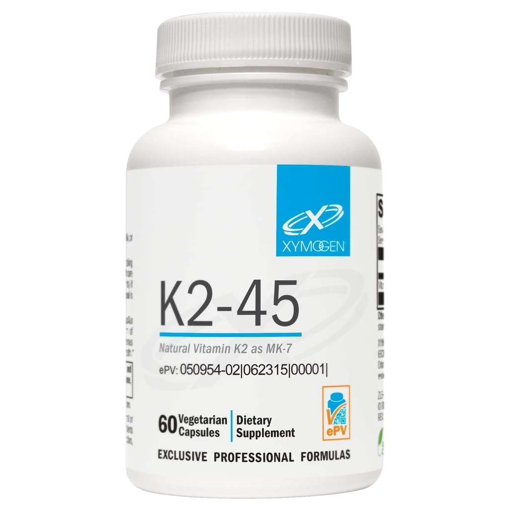 XYMOGEN K2-45 Vitamine K - Vitamine K2 MK-7 dérivée de soja non OGM - La forme la plus biodisponible de K2 disponible - Soutient la santé cardiovasculaire + osseuse (60 capsules)