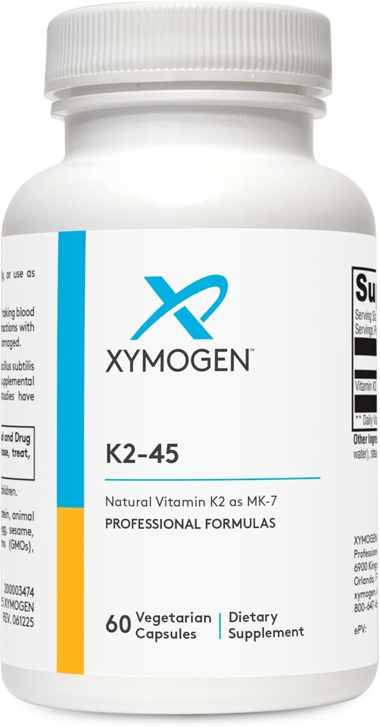 XYMOGEN K2-45 Vitamine K - Vitamine K2 MK-7 dérivée de soja non OGM - La forme la plus biodisponible de K2 disponible - Soutient la santé cardiovasculaire + osseuse (60 capsules)
