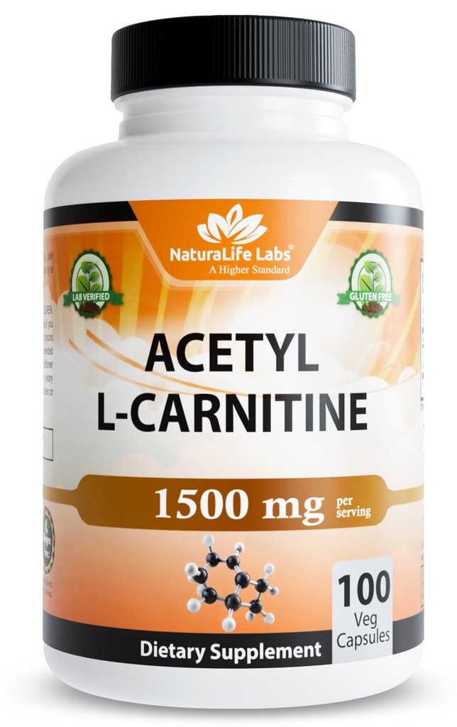 NaturaLife Labs Acétyl L-Carnitine (ALCAR) 1500 mg par portion – 100 capsules – non-OGM, sans gluten, végétalien