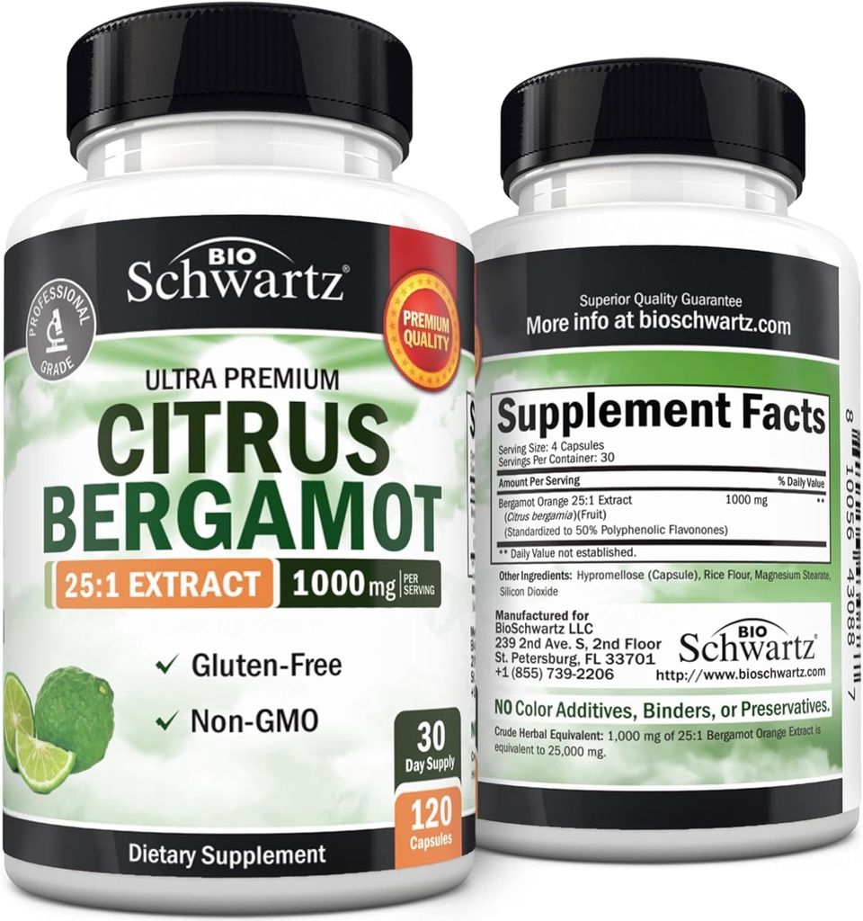 Citrus Bergamot 1000mg - Supplément Citrus Bergamot pour le cholestérol et la santé cardiaque - Ultra concentré à partir de fruits frais pour l'absorption améliorée - Vegan, non-OGM, sans gluten - 120 Mini Capsules