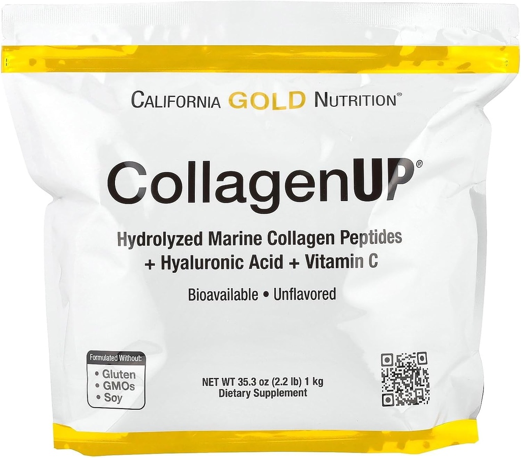 California Gold Nutrition CollagenUP®, Hydrolyzed Marine Collagen Peptides with Hyaluronic Acid and Vitamin C, Unflavored, 2.2 lb (1 kg)