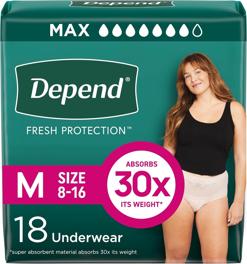 Depend Fresh Protection Couches pour adultes, Incontinence & Postpartum Bladder Sous-vêtements pour femmes, jetable, maximum, moyen, Blush, 18 Compte, Emballage Mai Varier