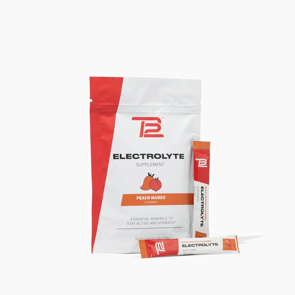 TB12 Electrolytes Powder Packets Peach Mango – Poudre d'électrolyte minéral pour une hydratation rapide par Tom Brady - Naturel, faible sucre, végétalien, sans gluten, facile à mélanger - 15 Stickpacks