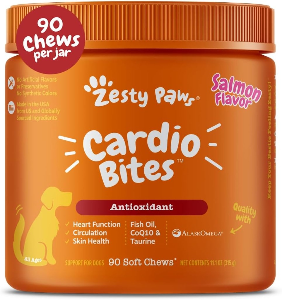 Zesty Paws Soutien cardiovasculaire pour chiens - Taurine pour chiens - avec CoQ10, L Carnitine et Buckthorn de mer - Santé cardiaque senior - AlaskOmega Huile de poisson Oméga 3 - Senior - Salmon - 90 Compte