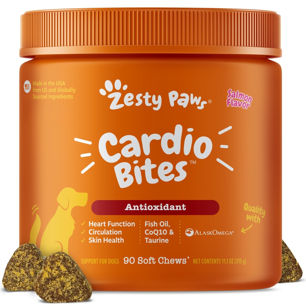 Zesty Paws Soutien cardiovasculaire pour chiens - Taurine pour chiens - avec CoQ10, L Carnitine et Buckthorn de mer - Santé cardiaque senior - AlaskOmega Huile de poisson Oméga 3 - Senior - Salmon - 90 Compte