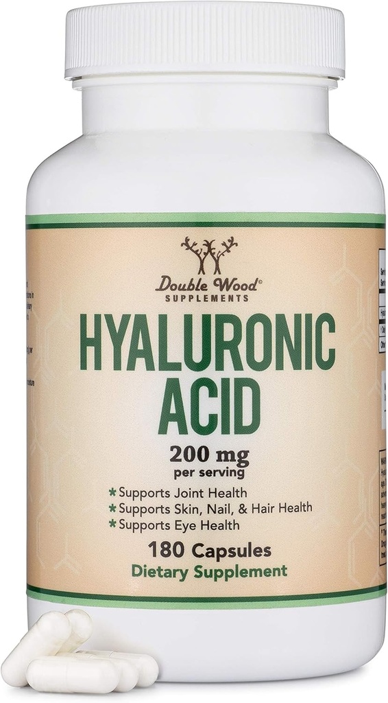 Suppléments d'acide hyaluronique -180 Capsules (Effets d'amélioration du sérum d'acide hyaluronique pour le visage) 200mg par portion pour le vieillissement de la peau et du visage (Acido Hialuronique) Sans gluten par double bois