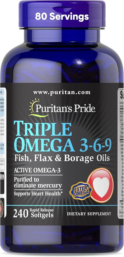 Puritan's Pride Premium Triple actif Omega 3-6-9 Huiles de poisson, de lin et de borage, supplément alimentaire pour le soutien cardiaque, articulaire et cellulaire, 240 softgels à libération rapide