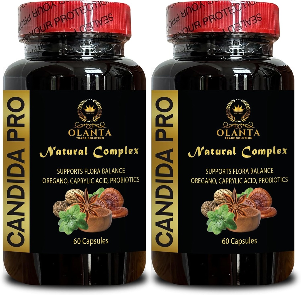 Candida Support Complex - Organic caprylic Acid Capsules, Candida Supplement, Natural Herbs for Intestinal Detox, Adults Regularity and Gut Health - 2 Bottles 120 Capsules