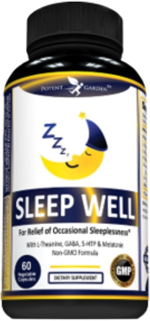 Potent Garden Dormez bien Aide au sommeil Contient Melatonine Valerian Root L-Theanine GABA & More, Aide au sommeil naturel non-Habit formant des aides au sommeil pour les adultes avec 60 Caps Veggie