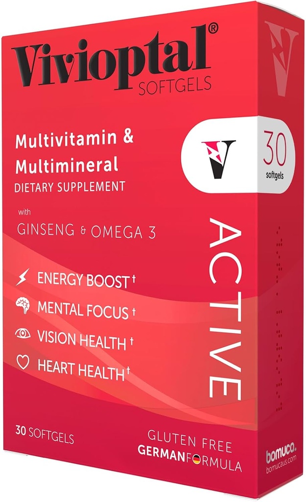 Vivioptal Active, 30 Softgels, Ginseng et Omega 3, Multivitamine et multiminérale, sans gluten, formule allemande