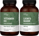Harmonie de la Terre Vitamine végétalienne D3 5000 iu & La Mane de lion biologique 1000mg Supplément - 120 Capsules Chaque