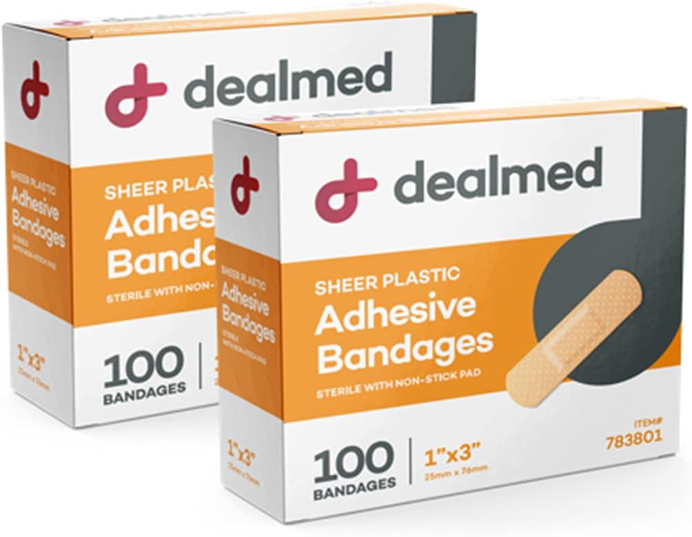 Dealmed Sheer Plastic Flexible Adhesive Bandages – 100 Count (2 Pack) Bandages with Non-Stick Pad, Latex Free, Wound Care for First Aid Kit, 1" x 3"