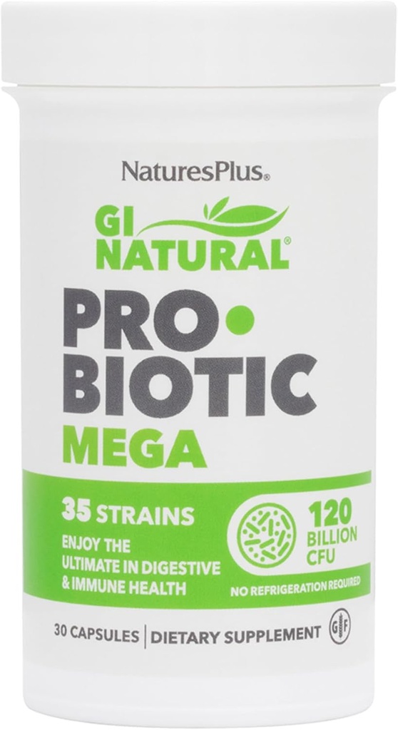 NaturesPlus GI Probiotique naturel Mega - 30 capsules, boîte de 2 - Santé digestive et immunitaire - Sans gluten - 60 portions totales