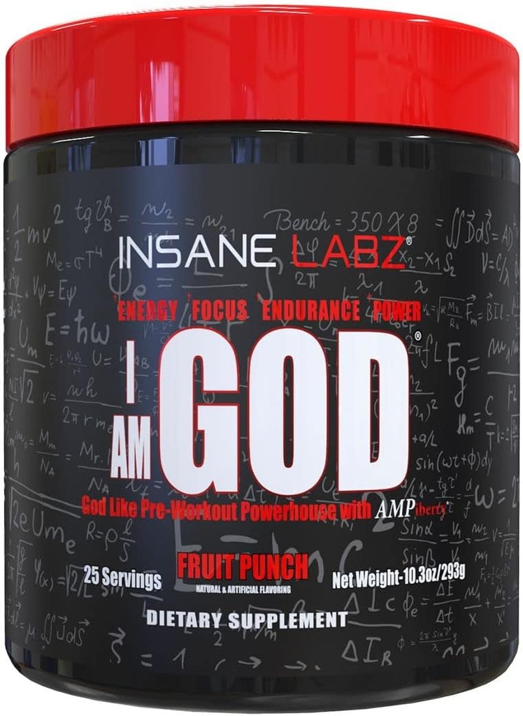 Insane Labz Je suis God Pre Workout, High Stim Pre Workout Poudre chargée de créatine et de bitartrate DMAE alimenté par AMPiberry, Energy Focus Endurance Muscle Growth,25 Srvgs, Fruit Punch