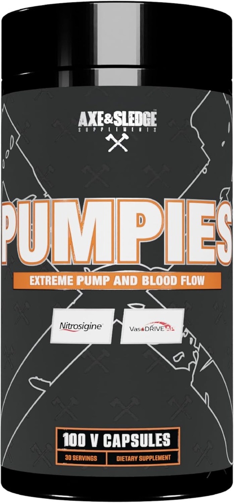 Suppléments Axe & Luge PUMPIES Booster à oxyde nitrique avec VasoDrive-AP et Nitrosigine, Augmenter les pompes, la performance et la récupération, 20 Servants, 100 Capsules