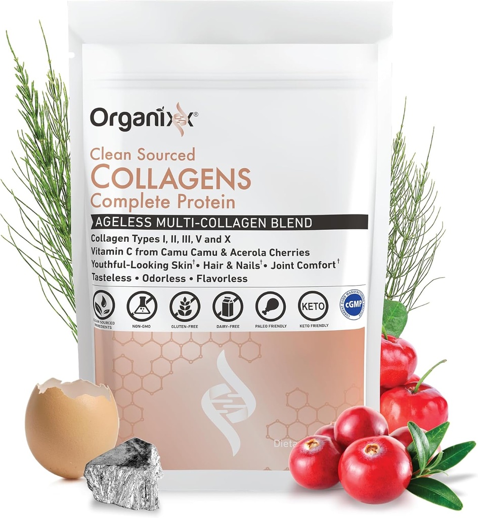 Organixx Peptides de collagène en poudre avec vitamine C, types I, II, III, V, X Collagène hydrolysé, cheveux, ongles, peau, os et santé articulaire, soutien au vieillissement, source propre, sans gluten, sans saveur, 30 portions