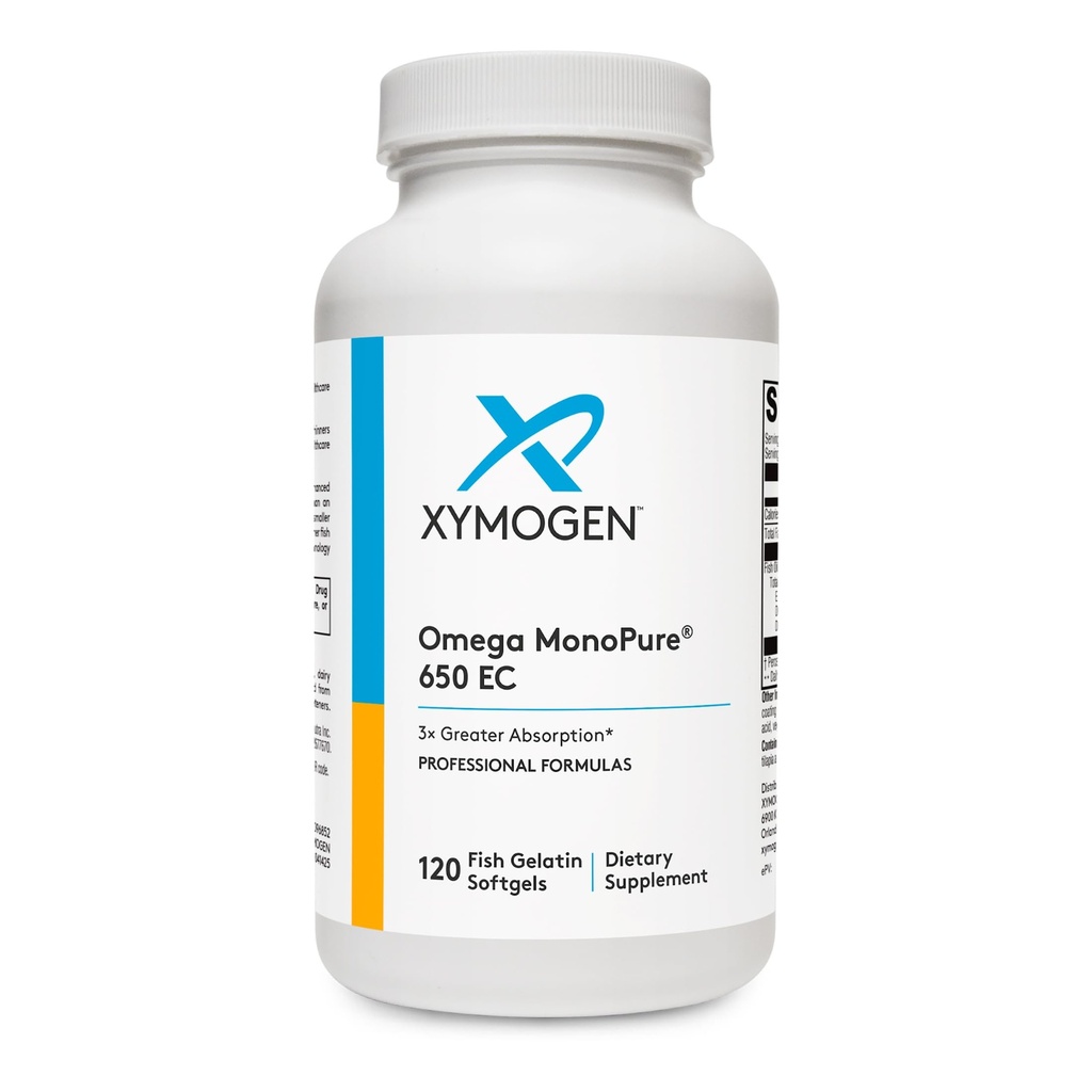 XYMOGEN Omega MonoPure 650 EC - Suppléments d'huile de poisson Omega-3 pour les femmes et les hommes - avec EPA, DHA et DPA - Plus petits softgels avec 3X plus grande absorption - Soutenir un cœur et une cognition sains (120 softgels)