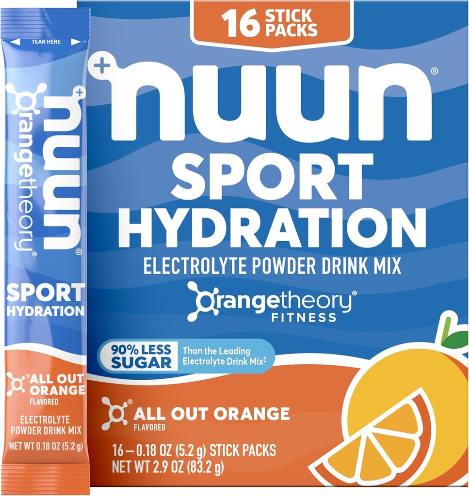 Nuun Sport Electrolyte Powder Packets avec Magnésium, Calcium, Potassium, Chlorure, et Sodium, Packs d'hydratation pour le voyage, All Out Orange Flavor, sans gluten et végétalien, 16 portions simples