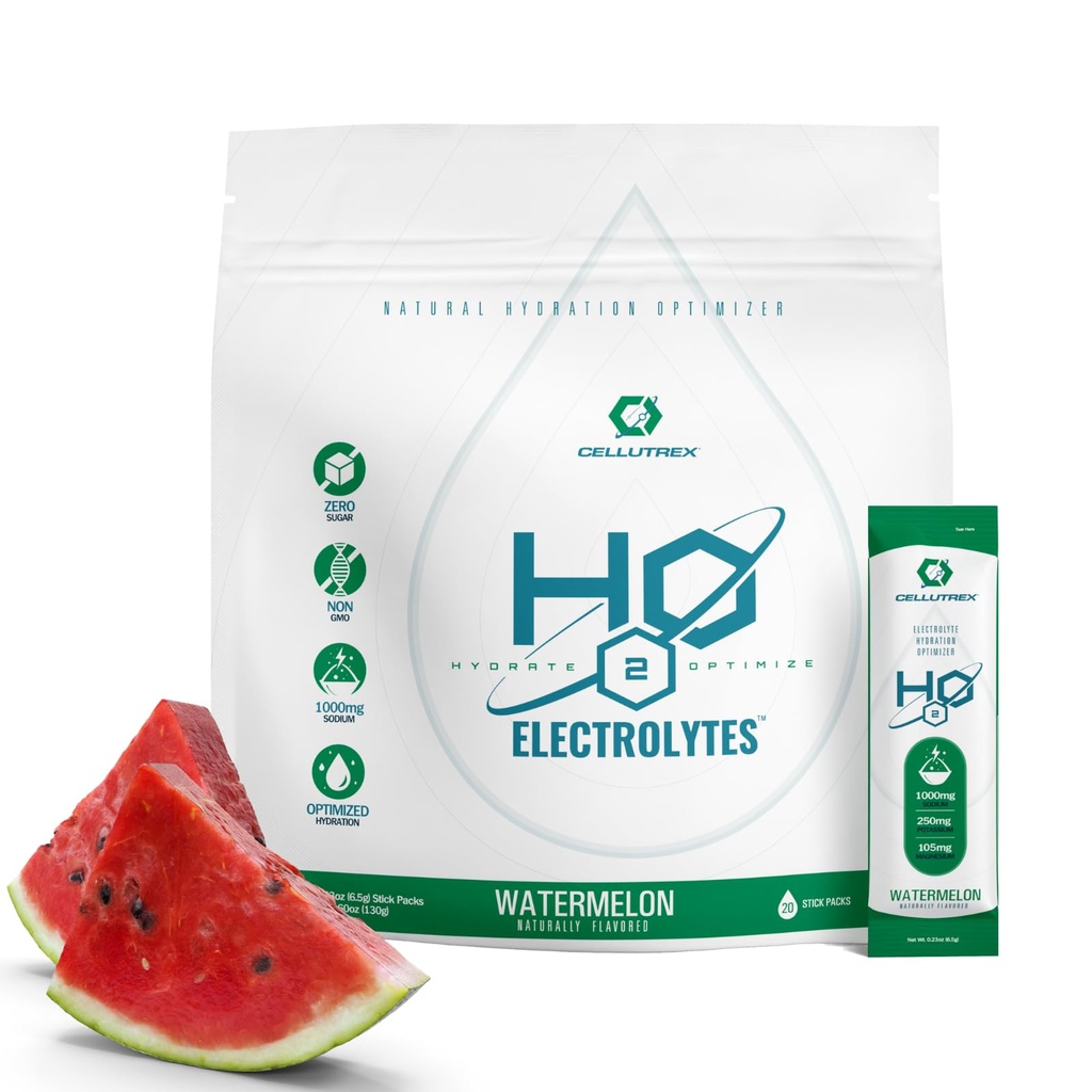 Cellutrex® H2O Electrolytes – Mélange de poudre d'électrolyte, Zéro sucre, Sacs d'hydratation naturelle pour la récupération et le bien-être, pastèque, 20 bâtons