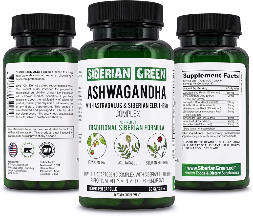 Racine d'Ashwagandha biologique verte de Sibérie avec Astragalus & Sibérie Eleuthero Ginseng Complex 60 Capsules Powerful Herbal Support