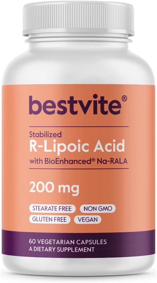 BESTVITE Acide R-Lipoïque 200mg Stabilisé avec du Na-RLA bio-amélioré (60 capsules végétariennes) - Pas de stéarate - Pas de remplissage - Vegan - Sans gluten - Non OGM