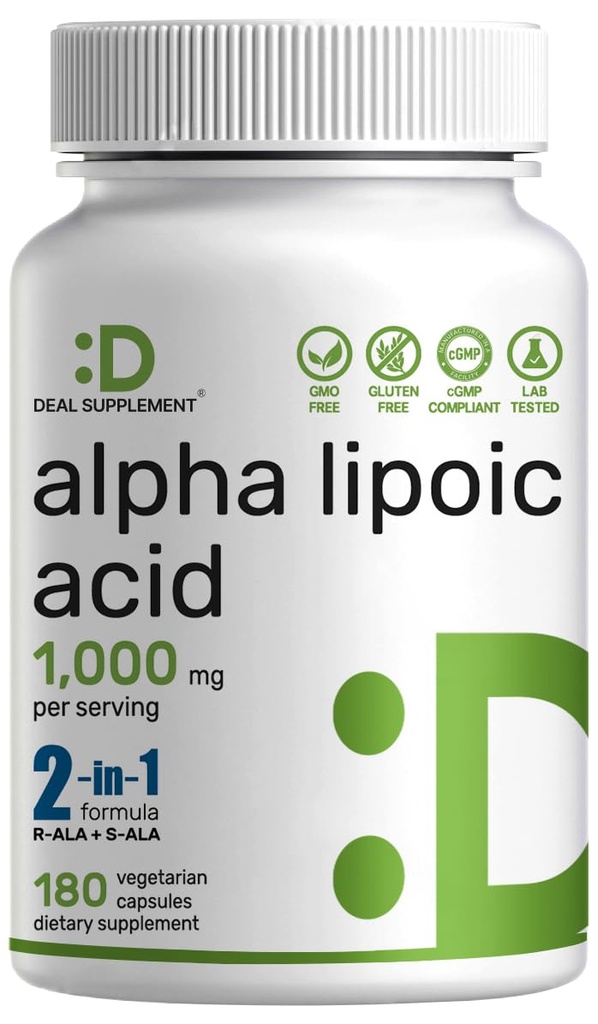 Alpha Acide lipoïque 1000mg, 180 Capsules Veggie – 50/50 R-ALA & S-ALA pour la biodisponibilité maximale – Supplément antioxydant – Support du système nerveux et énergétique – Non-OGM