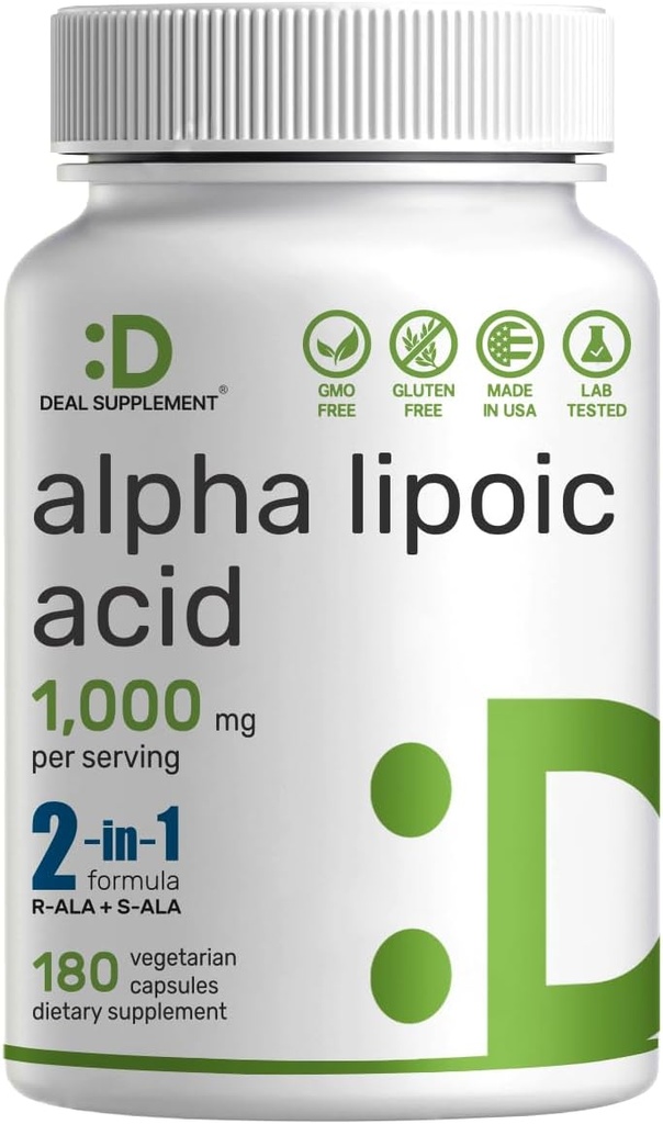 Alpha Acide lipoïque 1000mg, 180 Capsules Veggie – 50/50 R-ALA & S-ALA pour la biodisponibilité maximale – Supplément antioxydant – Support du système nerveux et énergétique – Non-OGM