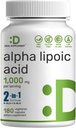 Alpha Acide lipoïque 1000mg, 180 Capsules Veggie – 50/50 R-ALA & S-ALA pour la biodisponibilité maximale – Supplément antioxydant – Support du système nerveux et énergétique – Non-OGM