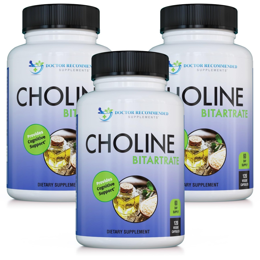 DOCTEUR COMPLÉMENTS SUPPLÉMENTS Premium Choline - 500 mg - 120 Capsules de Veggie Soutient la santé cognitive, la mémoire et plus - 3 Pack