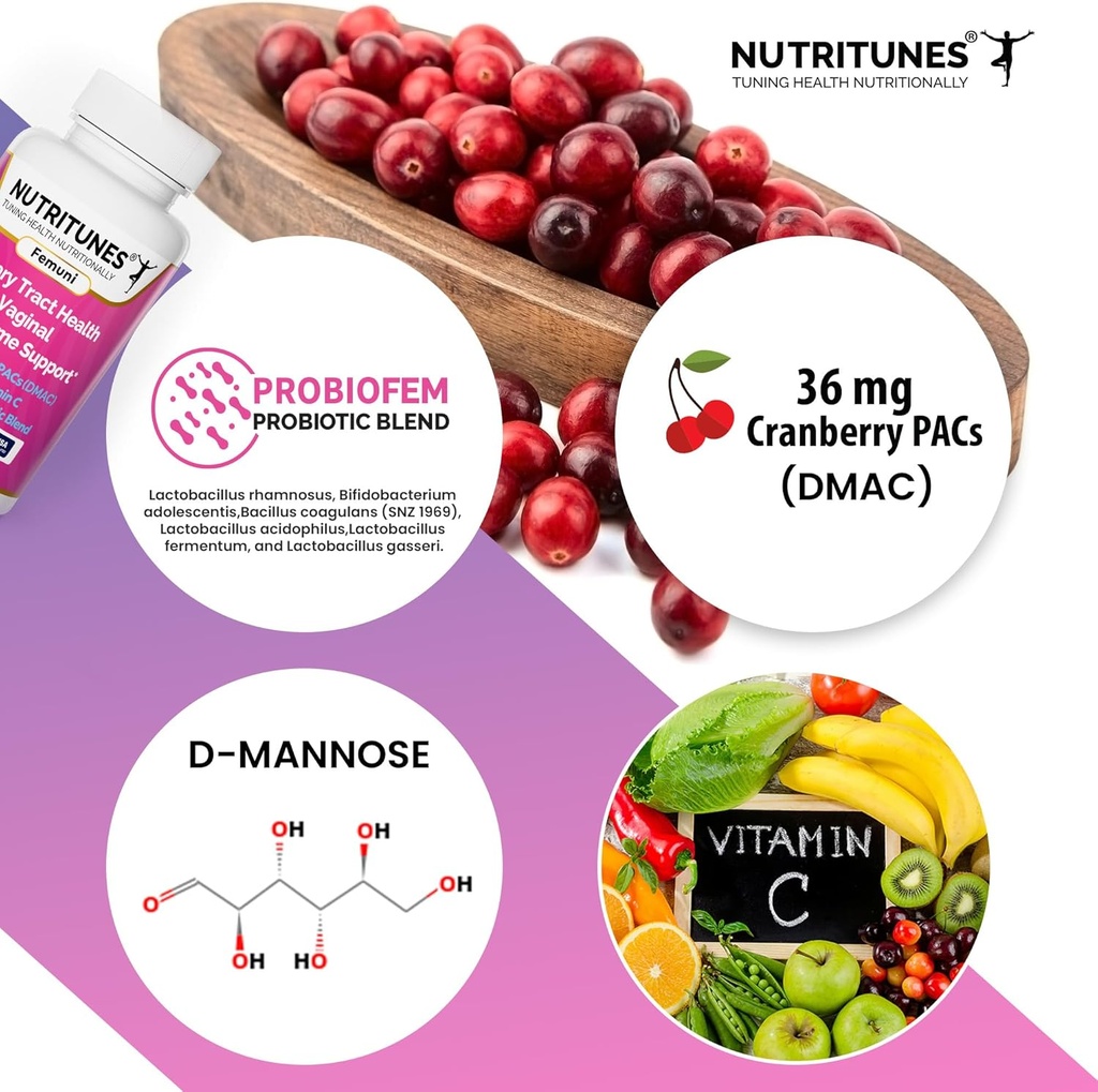 Cranberry PACs avec supplément de mannose D pour les femmes, vitamine C et probiotique vaginal pour les femmes, y compris les souches de Lactobacillus et de Bifidobacterium pour la santé urinaire - 60 gélules de Femuni UTH