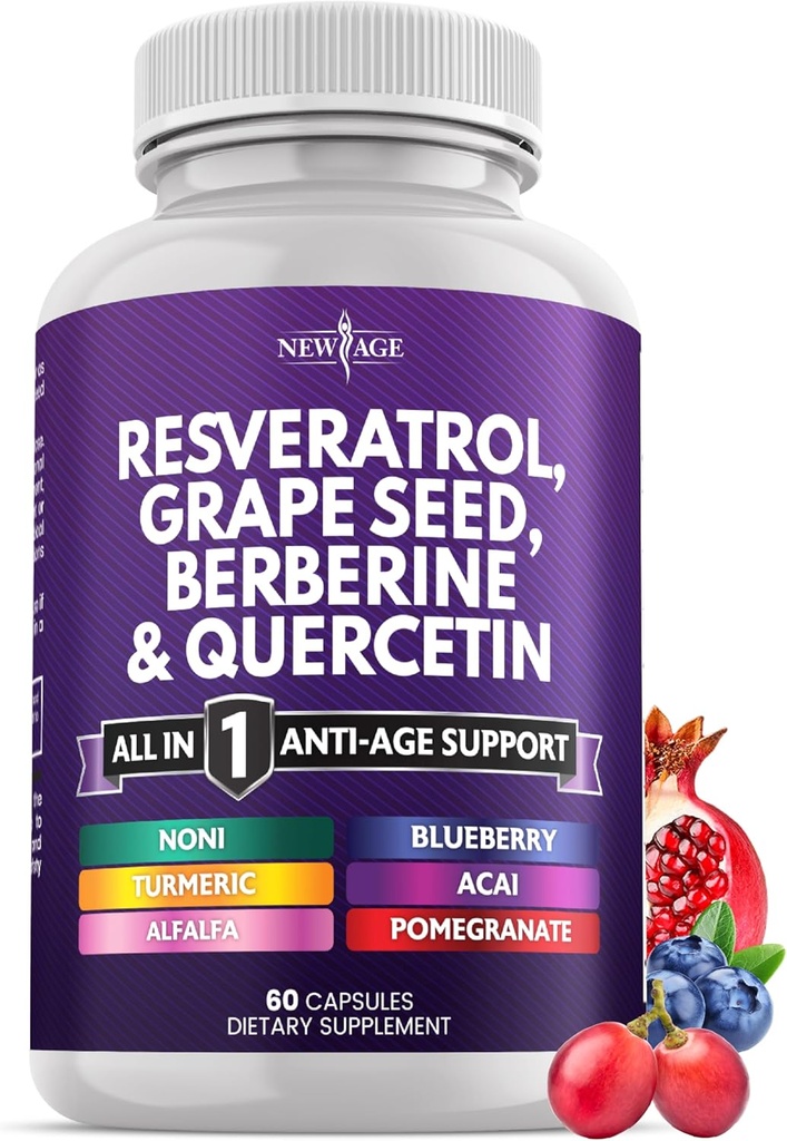 NOUVELLE AGE Resvératrol, Berberine, Extrait de graines de raisin, Quercetin - Supplément en polyphénol pour les femmes et les hommes avec extrait de noni, N-acétyl Cysteine, Extrait d'açai - 60 Capsules
