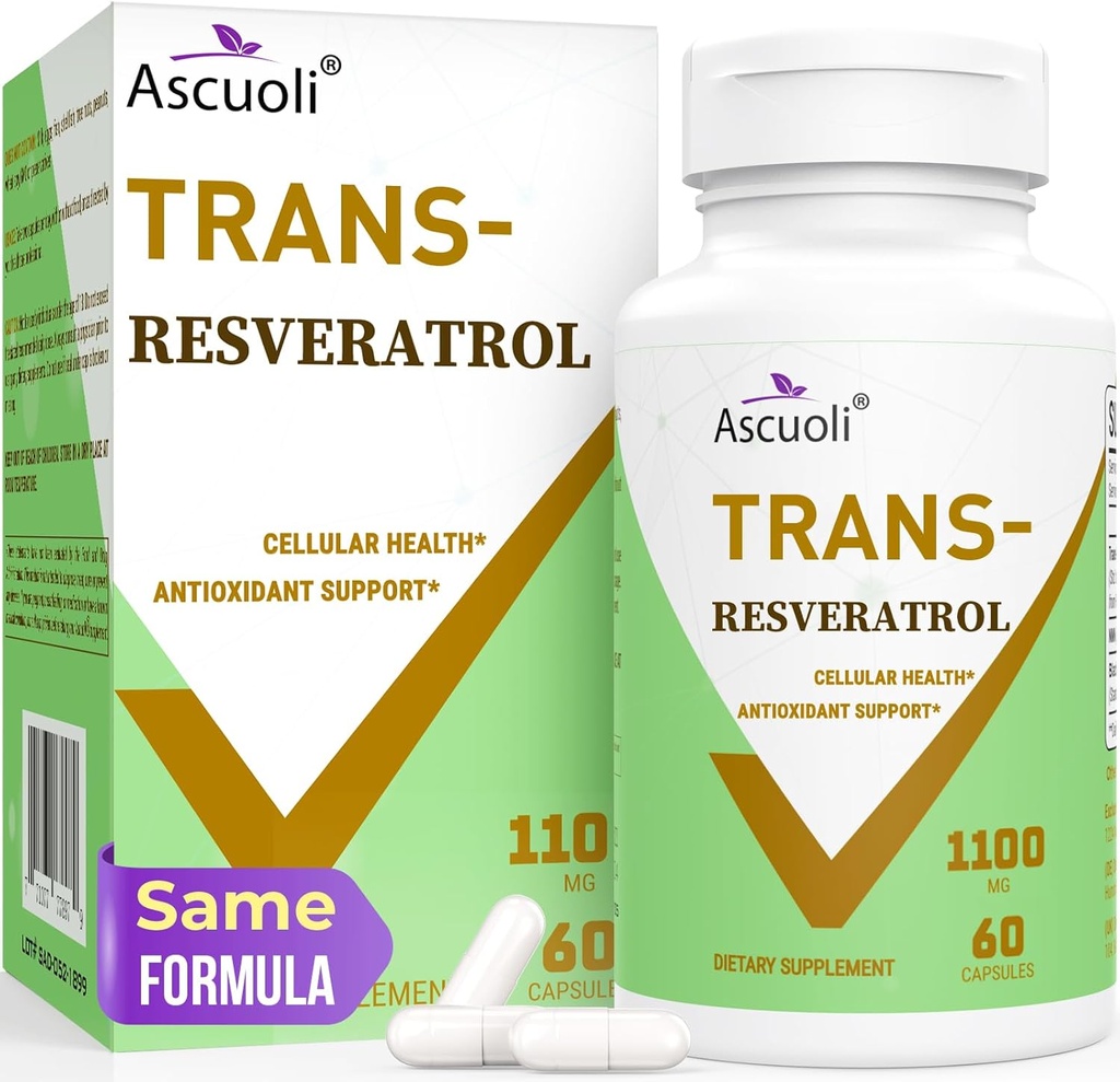Ultra Pureté Trans-Resvératrol 1100mg, 3-en-1 Formule avancée Supplément de resvératrol organique, Max Antioxydant, Anti-Aging, Santé de la peau, lmmune & énergie, 1 Pack